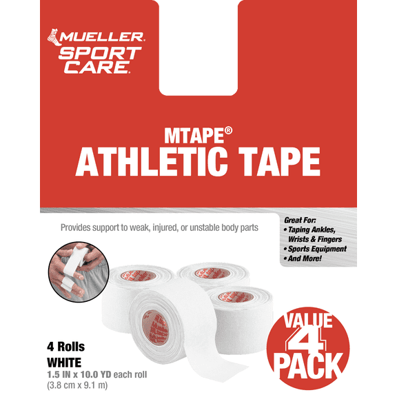 Mueller MTape Athletic Tape, 4 Pack, White, 10yd