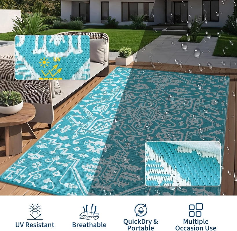 Waterproof Outdoor Rug 9x18 Reversible Plastic Straw Patio Rug, Stain-Resistant Vintage Medallion Carpet, Large Indoor Outdoor RV Mat for Deck, Camping, Balcony, Light Blue/White