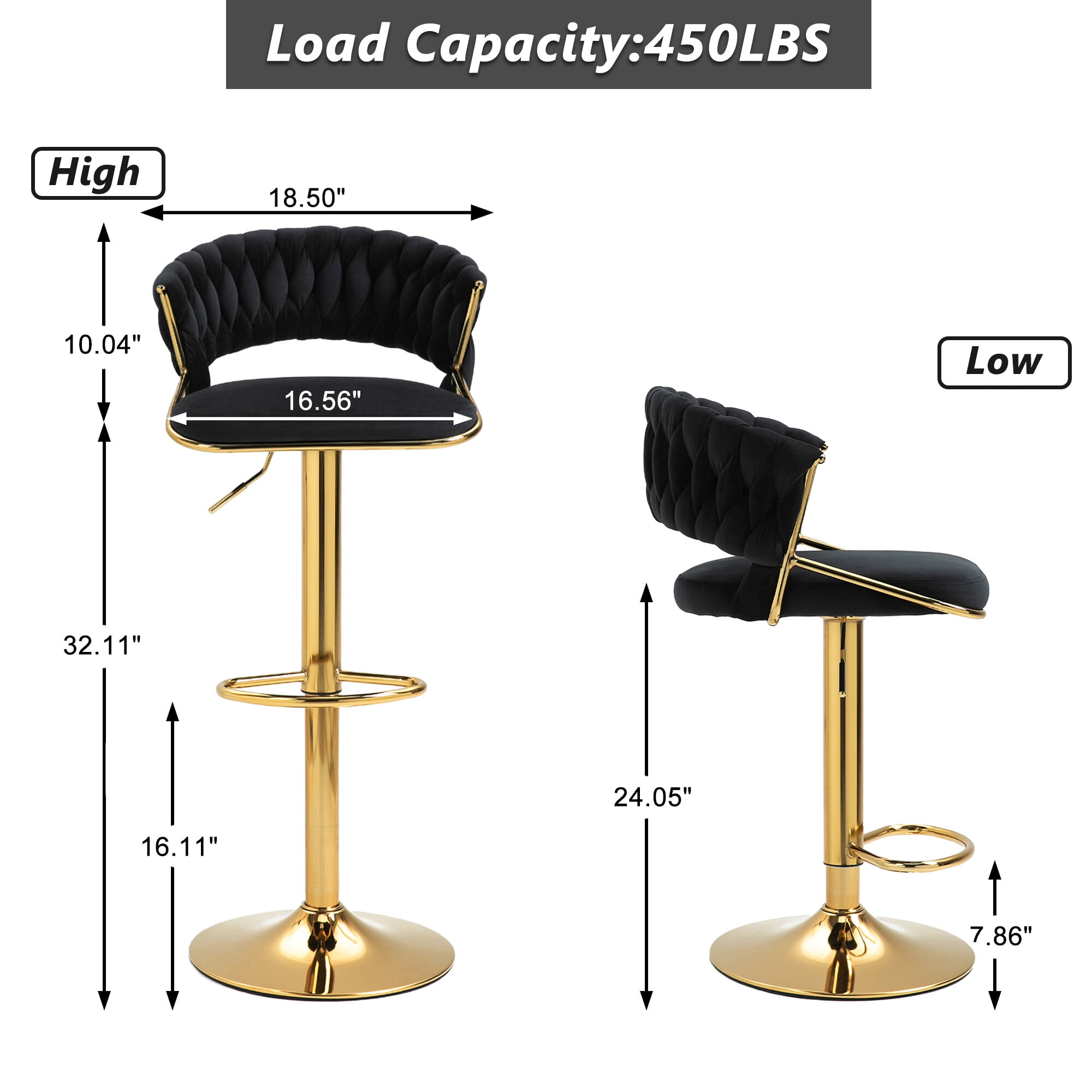UIXE Adjustable Bar Stools Set of 4 Modern High Back Swivel Barstool for Kitchen Counter Square Island, Velvet Black