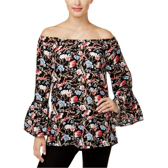 Olivia & Grace Womens Floral Knit Blouse, Black, X-Large