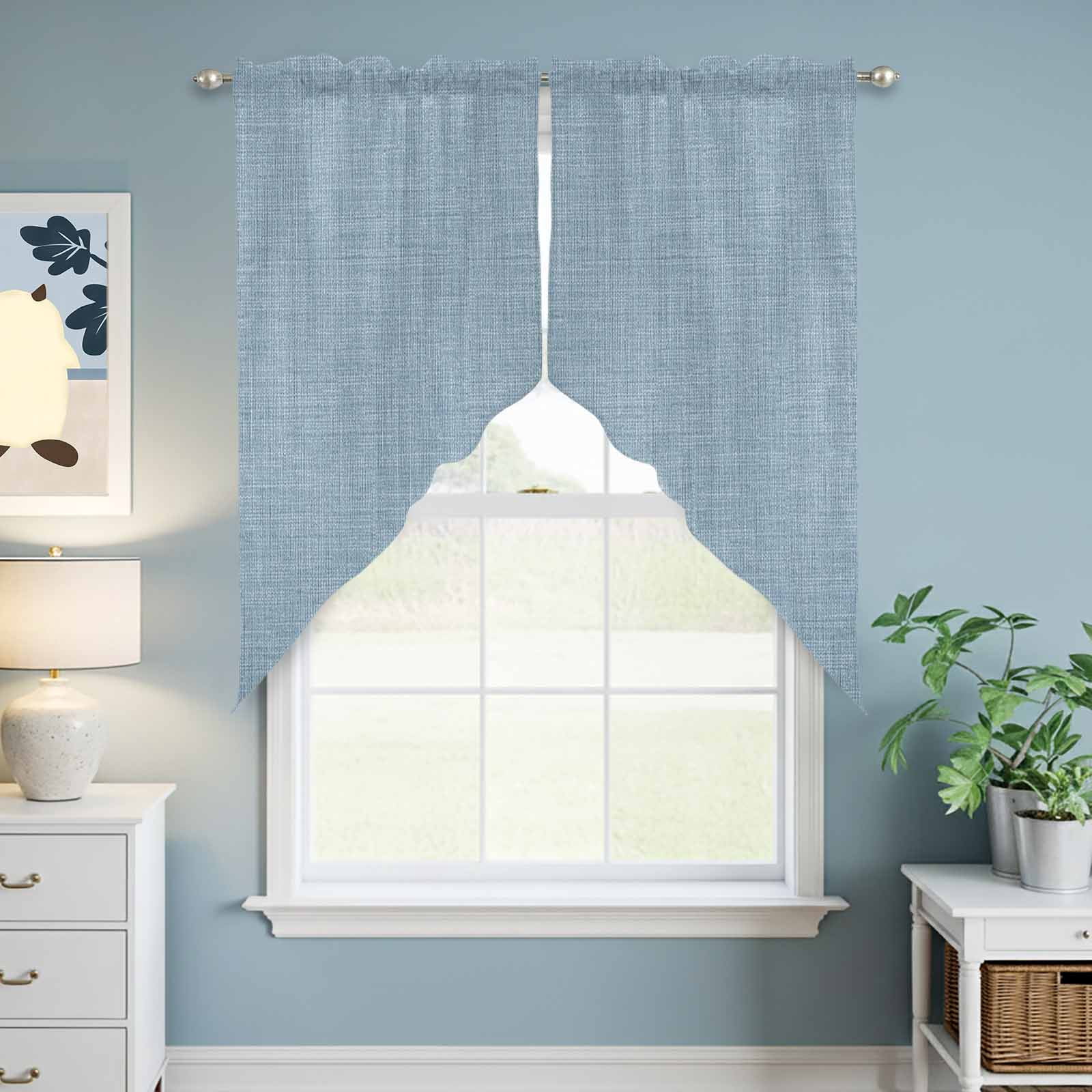 Swag Valance Curtains for Windows, Vintage Sky Blue Light Filtering Kitchen Curtains, Farmhouse Retro Solid Color Linen Texture Window Treatment Valances for Living Room, 36x63 - 2 PCS