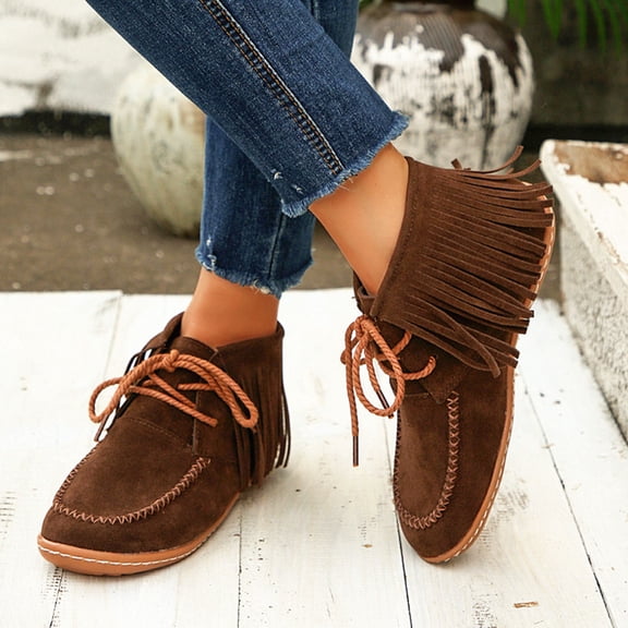 Women's Fringe Flat Boots 2026 Fall Ankle Booties Wide Wodth Round Toe Lace up Lightweight Suede Western Short Boots