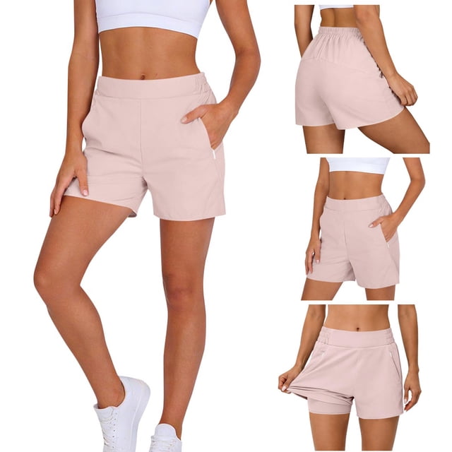 Womens Stretchy Running Shorts with Inner Shorts High Waist Athletic Workout Shorts Hidden Zipper Pockets Active Wear S
