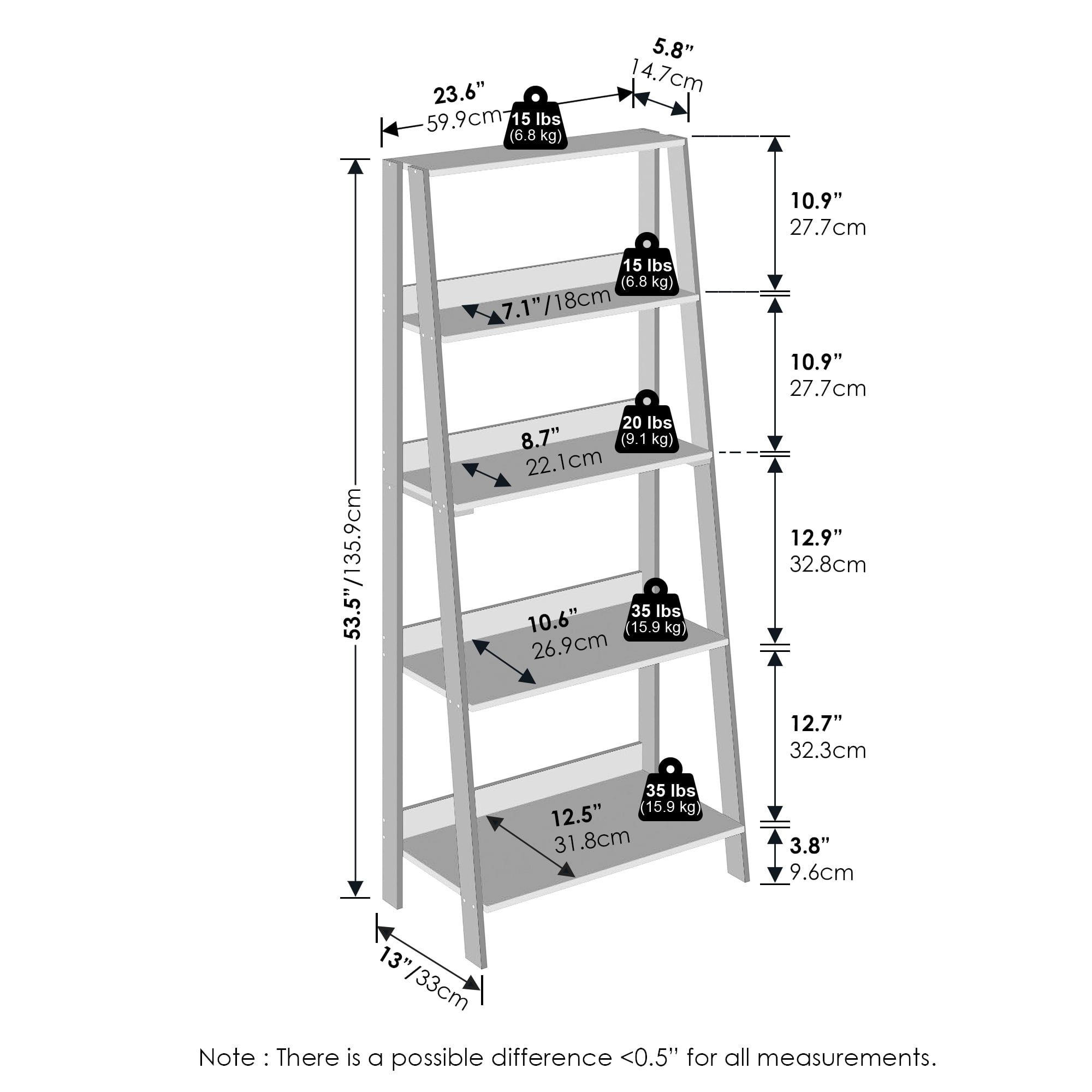 Furinno Ladder Adult Bookcase, Bookshelf, Display Shelf, 5-Tier, French Oak