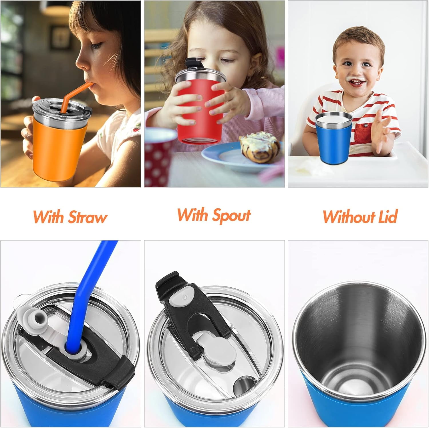 Flantor Kids Cups with Straws and Lids, 8 oz Leak-Proof Stainless Steel Tumblers, Set of 5