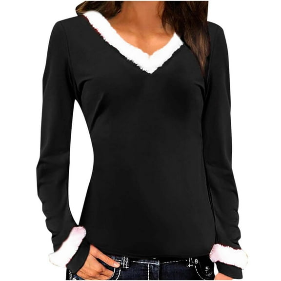 Lindreshi Christmas Sweatshirts for Women Women's Solid V-Neck Collar Long Sleeved Top