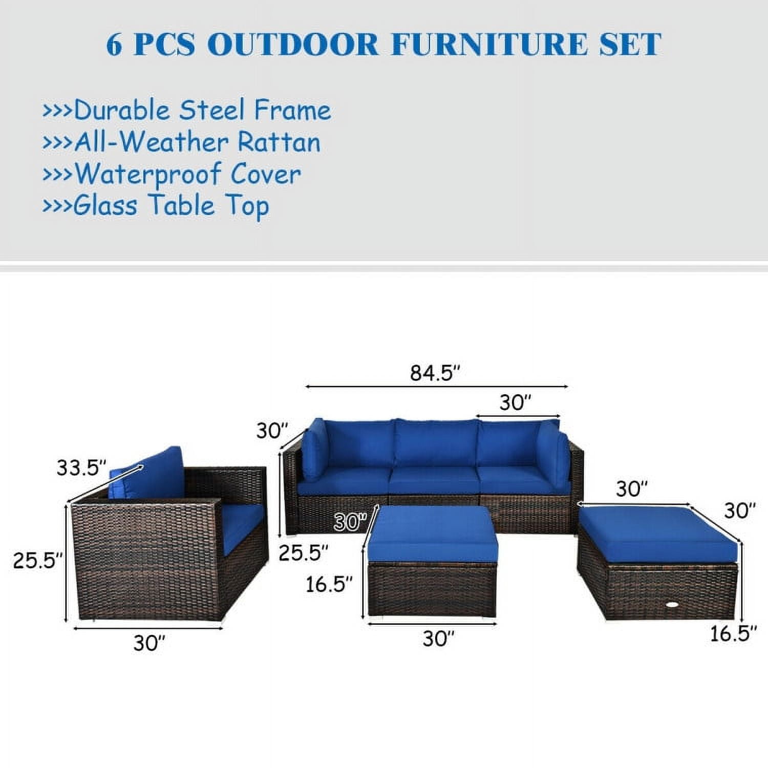 Aimee Lii 6 Pcs Patio Rattan Furniture Set with Sectional Cushion, Outdoor Deck Furniture, Blue