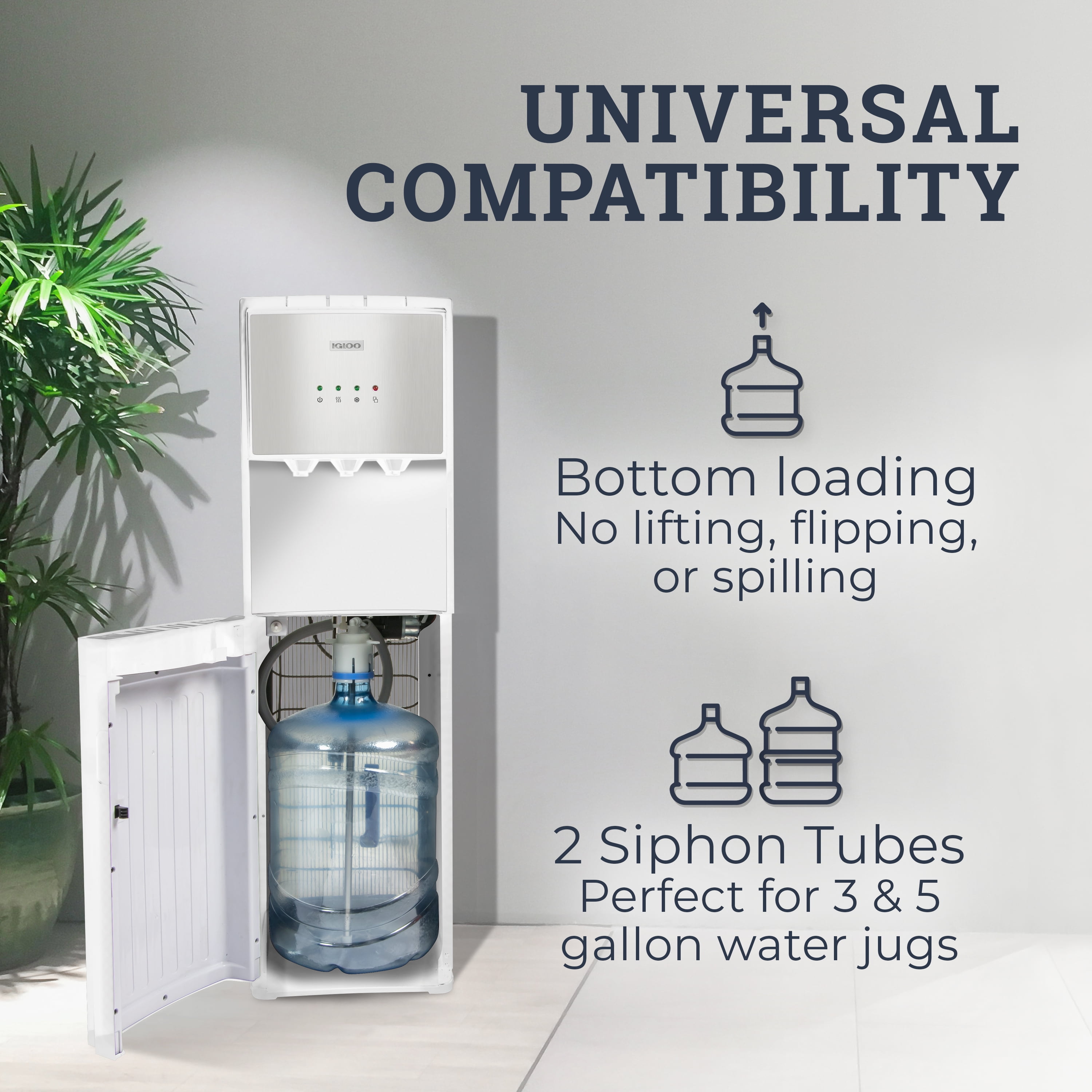 Igloo Water Cooler, Bottom-Load Water Dispenser for 3-5 gal Bottles with Child Safety Lock, Stainless White
