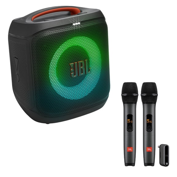 JBL PartyBox Encore Essential 2 Portable Party Speaker Bundle with 2 Wireless Microphones (Black)