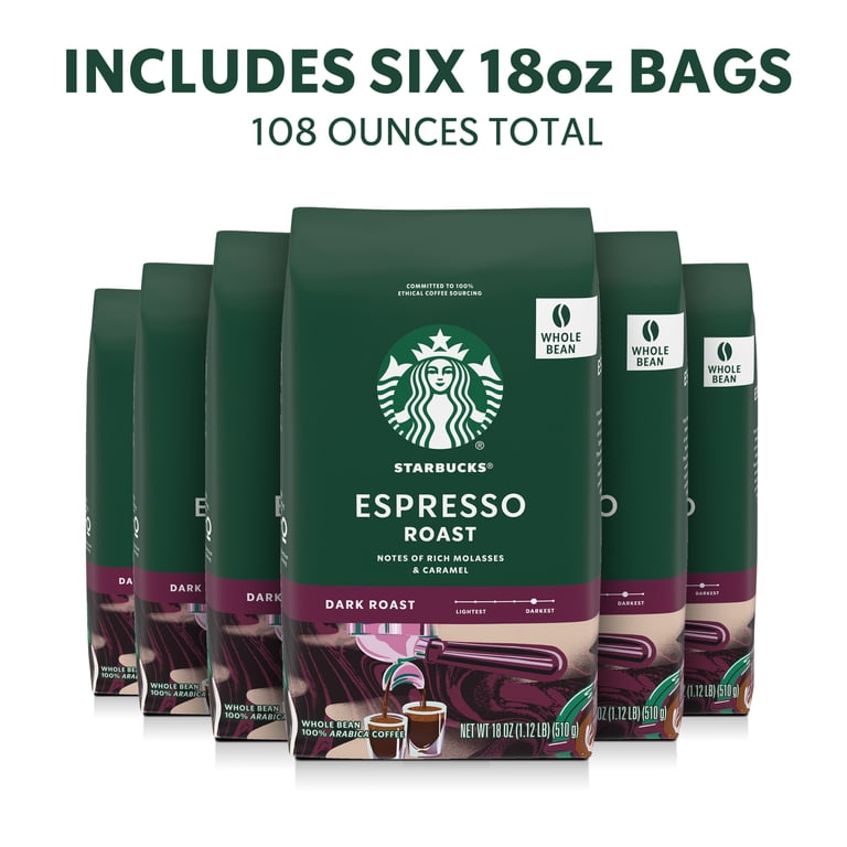 6 pack) (6 pack) Starbucks Espresso Roast, Whole Bean Coffee, Dark