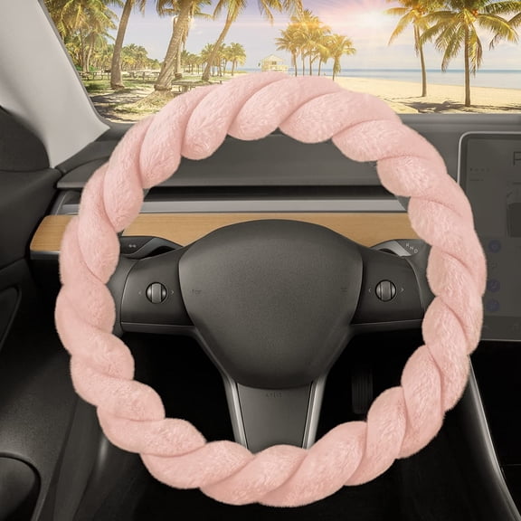 Twisted Fur Soft Pink Steering Wheel Cover, Standard 15 Inch Size Fits Most Vehicles, Fuzzy Fluffy Car Steering Cover with Soft Faux Fur Touch, Car Accessories for Women