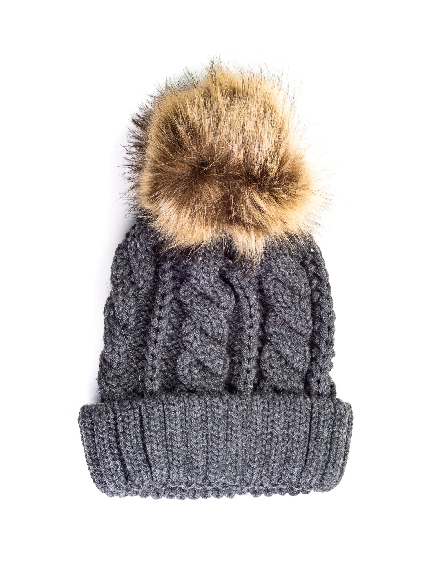 Chunky Knit Beanie with Faux Fur Pom 