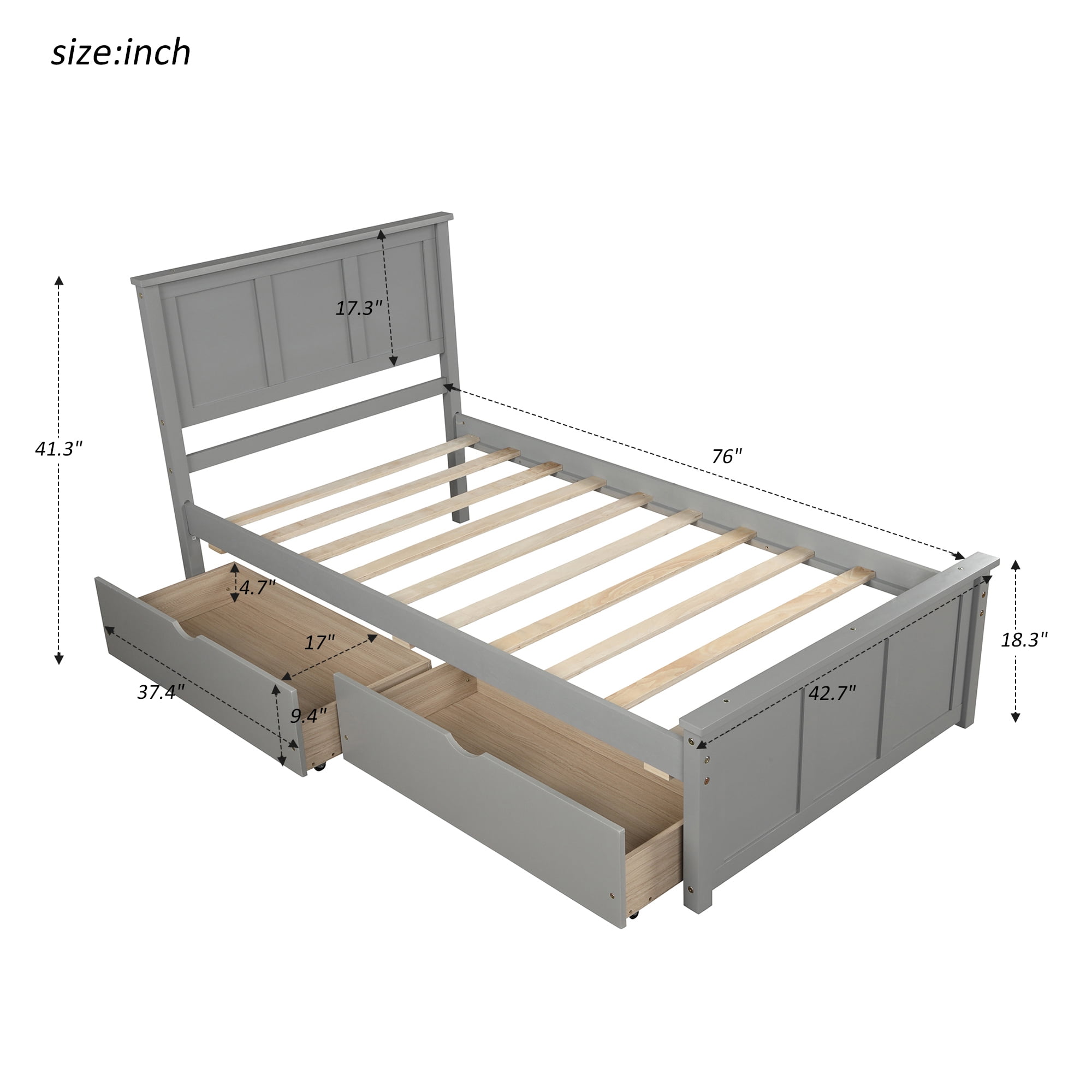 Twin Size Platform Bed, Elegant Wood Bed Frame with 2 Drawers, Minimalistic Wood Platform Bed with Solid Pine Wood Headboard, Wood Slat Support Mattress Foundation, Twin, White, SS1013