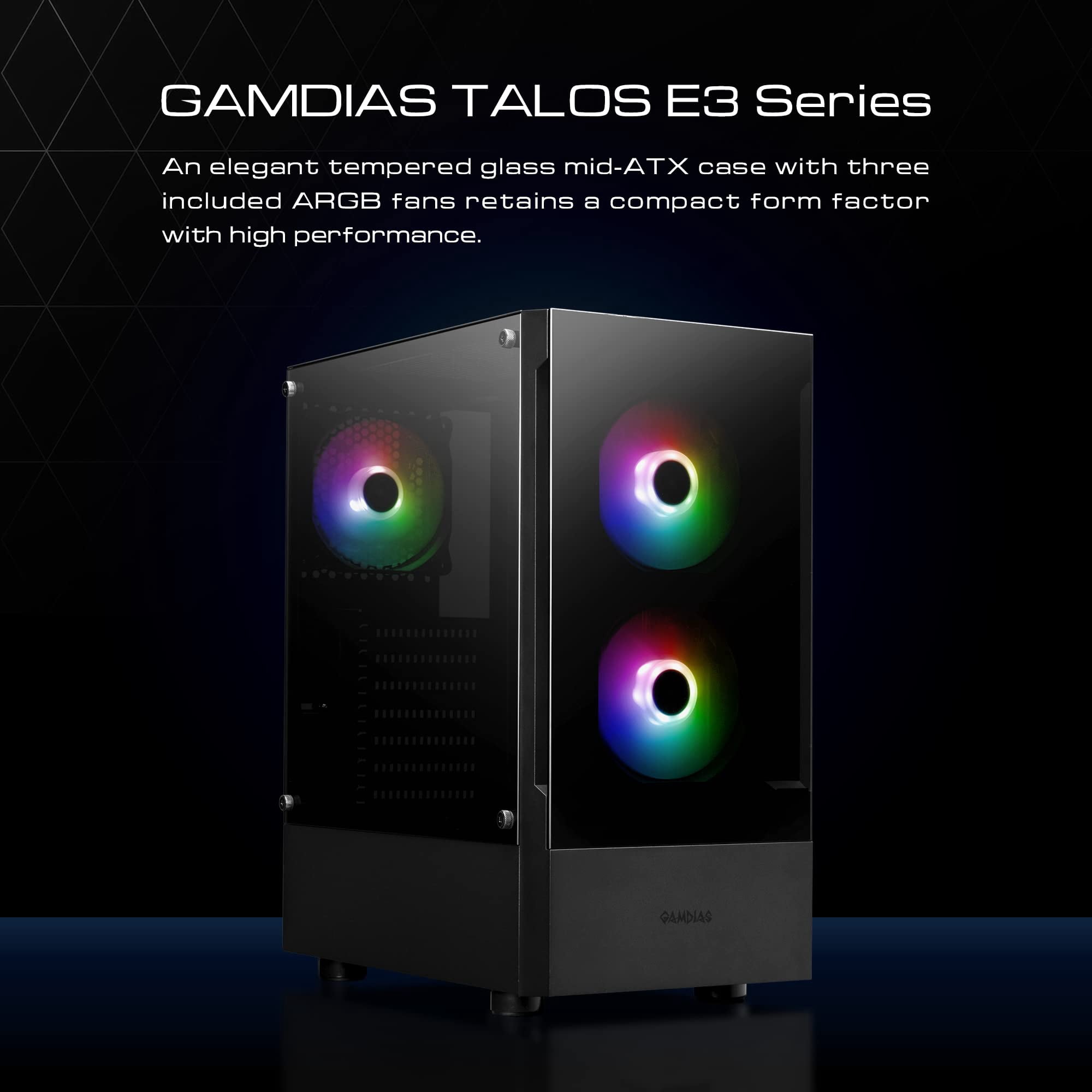 TALOS E3, ATX PC Case, Black Gaming Case with 3 Built-in 120mm ARGB Fans, Tempered Glass Panels by Gamdias