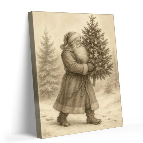 P&L Art Vintage Sketch Santa Canvas Wall Art, Festive Holiday Decor with Christmas Tree & Snowy Forest, Framed Canvas Print