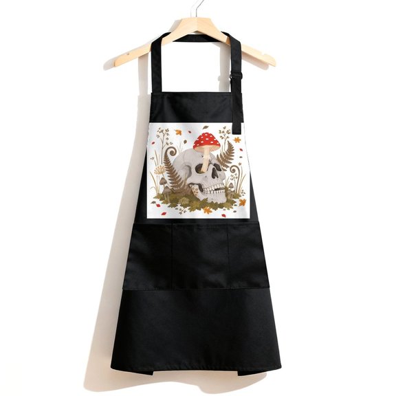 RKSupls Waterproof Bib Apron with 3 Pockets, Skull With Amanita Mushroom Adjustable Neck Strap Soft Polyester Water Resistant Apron for Kitchen Restaurant Home Use