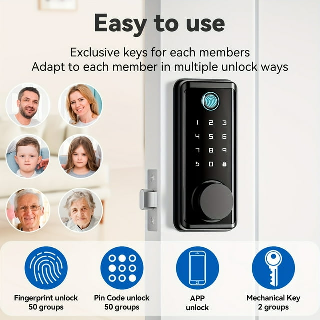 HLONK Tuya Smart Fingerprint & PIN Code Deadbolt Lock with Voice Prompt Matte Black Backlit Keypad 2 Mechanical Keys Easy Installation