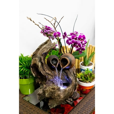 Two Pots Cascading On Tree Branch Tabletop Fountain