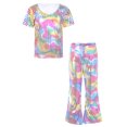 thumbnail image 1 of LiiYii Kids Girls 2Pcs Shiny Hip Hop Dance Tracksuit Sequins Metallic Tees with Flared Pants Colorful 150, 1 of 6