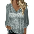 thumbnail image 3 of JURANMO Women Sparkly Long Sleeve Sequin Pullover Sweatshirt Top, 2025 Woman Trendy Cozy Golden Velvet Glitter Shirts Classic Solid Color V-neck Blouses Tops Lightweight, 3 of 7