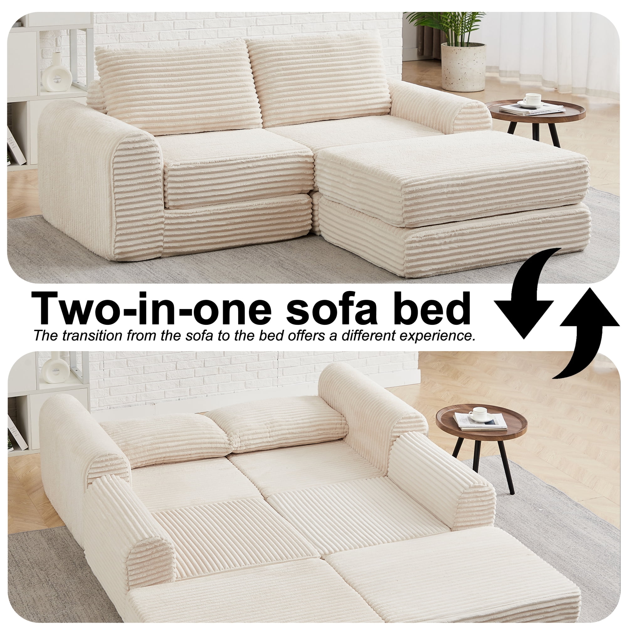2-in-1 Corduroy Convertible Sleeper Sofa Bed with with Two Throw Pillows & Curved Lines for Living Room,Easy Assembly,Beige