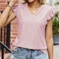 thumbnail image 2 of Yyeselk Business Casual Tops for Women Ruffle Cap Sleeves Sexy V-Neck Cozy Blouses Trendy Hollow out Pure Color Ladies Tee Shirts Summer Pink M, 2 of 4