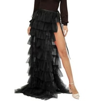 SWSMCLT Women's Maxi Ruffle Skirt Long High Low Fluffy Tutu Skirt High Side Slit Summer 80s Prom Dress Puffy Skirt Black Small-X-Large