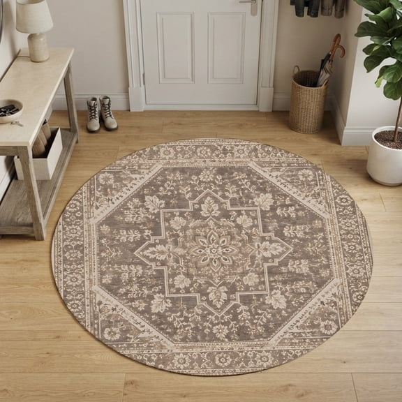 Beige Grey Boho Round Area Rug 6Ft Washable Circle Rugs for Bathroom Office, Retro Ethnic Tribe Abstract Art Non-Slip Carpet Floor Mats Indoor Outdoor Carpet Runner Aesthetic Home Decor