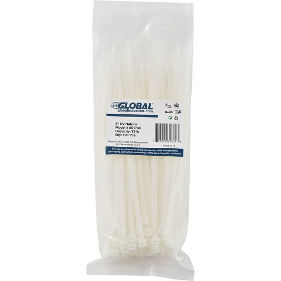 Global Industrial 8"" Cable Zip Ties Natural with UV 75 Lb. 100 Pack