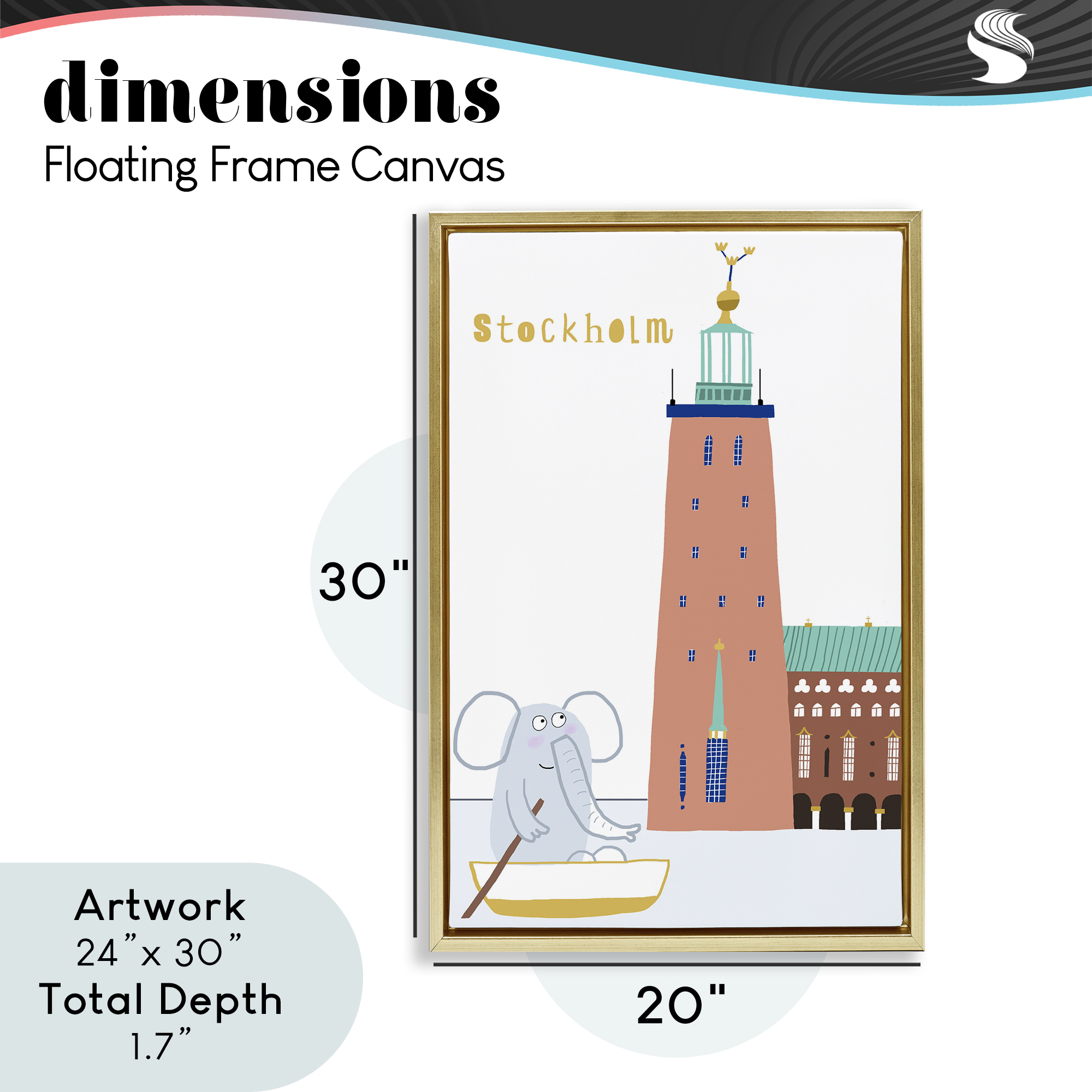 Elephant in Stockholm Boat Gold Framed Floater Canvas Wall Art, design by Carla Daly
