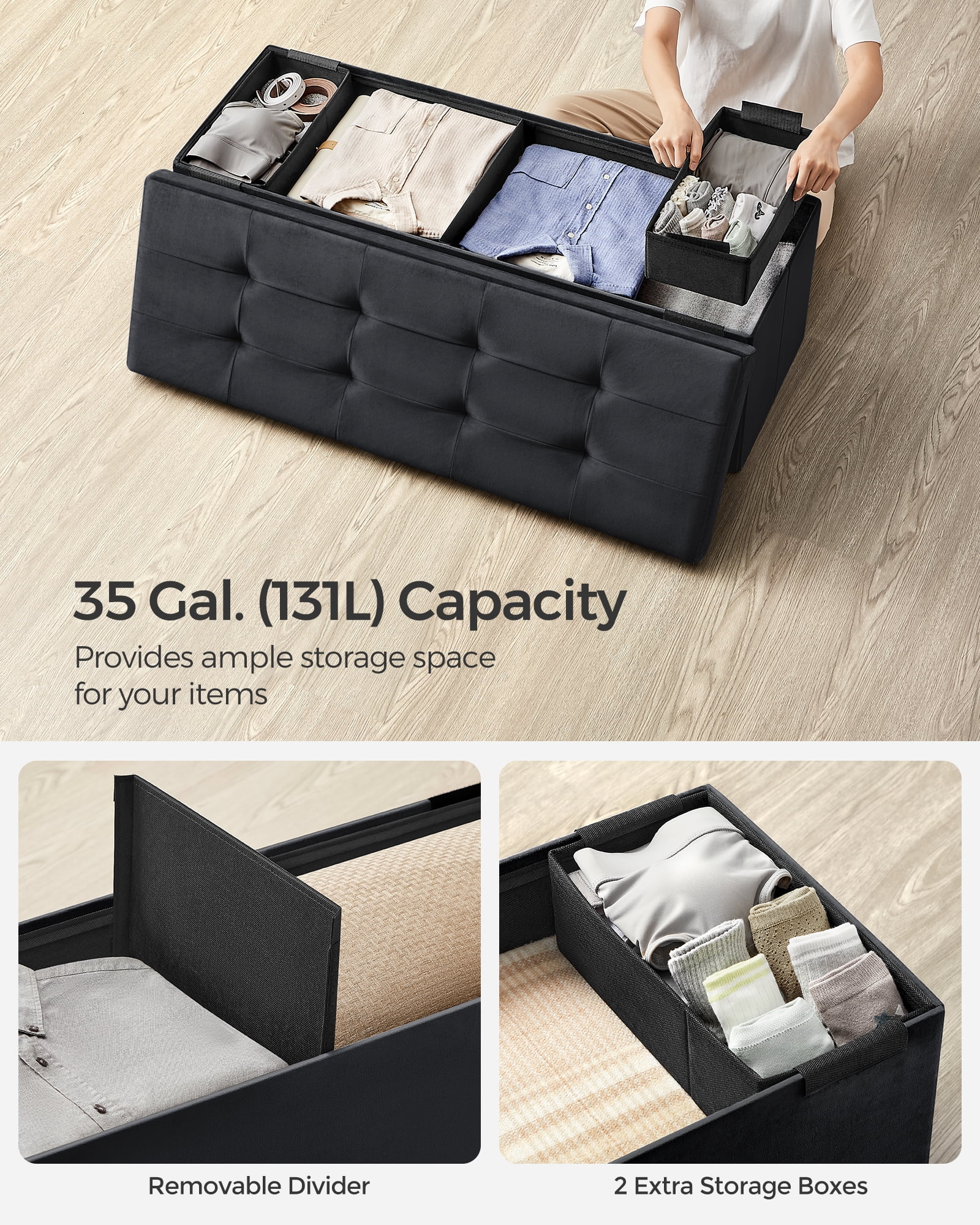 SONGMICS 43" Storage Ottoman Bench Folding Velvet Storage Footrest Stool 2 Extra Storage Boxes Removable Divider Hold up to 660 lb for Entryway Living Room Bedroom Ink Black