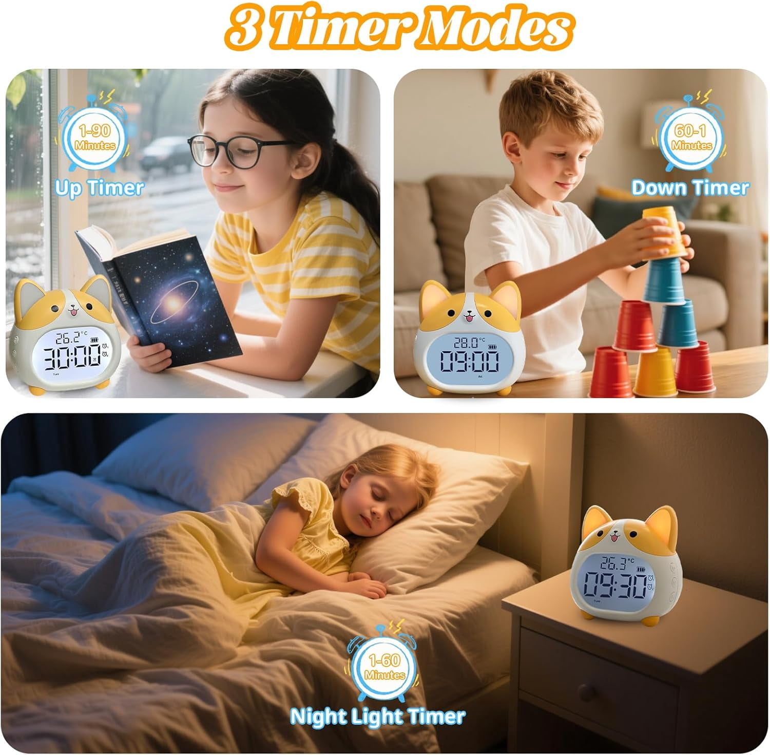 Alarm Clocks for Kids, Cute Corgi Clock with Night Light, 6 Alarm Tones, Snooze, Timer, Date and Temperature Display - Rechargeable Battery Operated Digital Clocks for Bedroom Kids Room