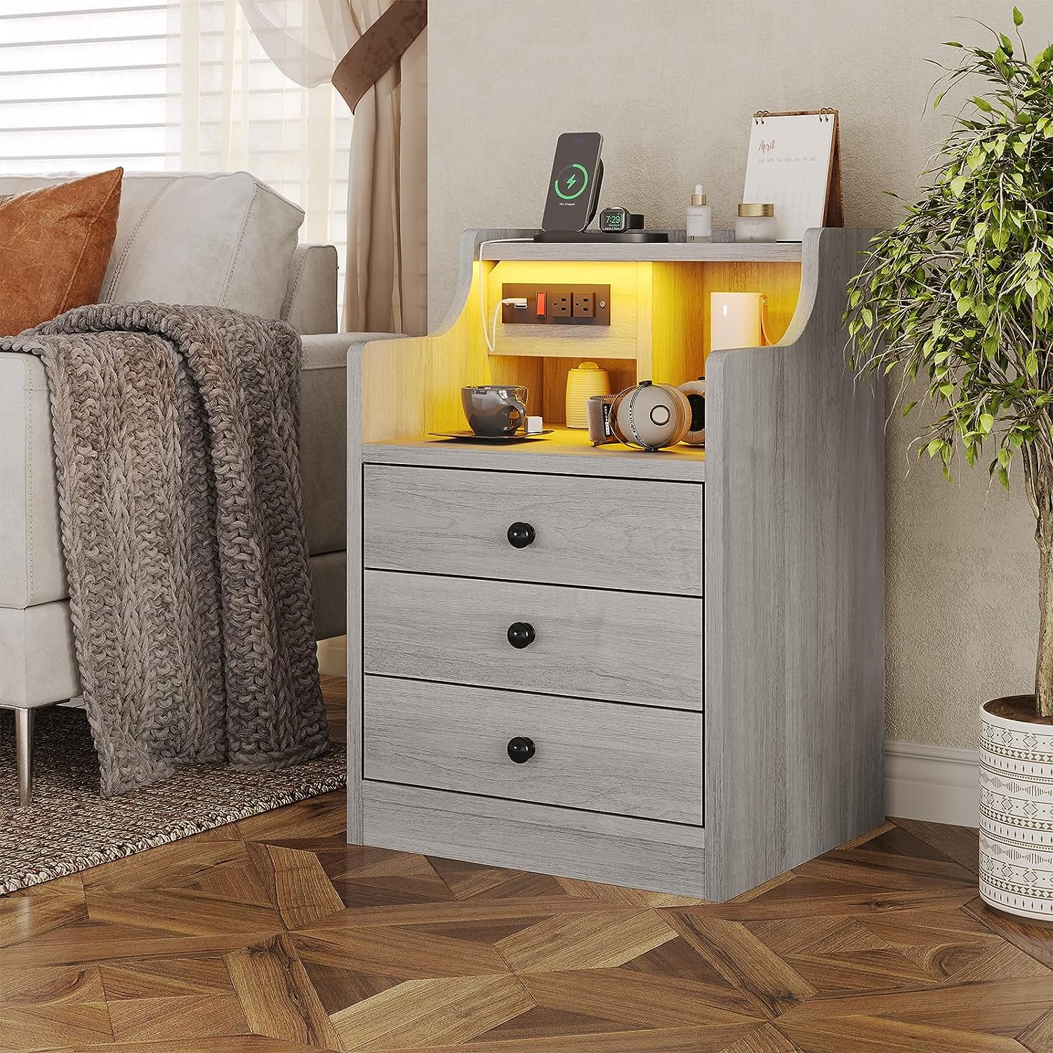 Night Stand with Charging Station and LED Ligts,LED Nightstand with 3 Drawers and Hutch,Bedside Table with Shelves,Grey
