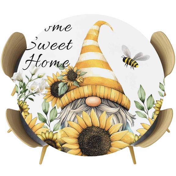 Yellow Sunflowers Dwarf Round Tablecloth, Fitted Table Cover with Elastic for 36"-44" Round Tables, Bee Floral Country Vintage Table Cloth Outdoor Indoor Dinning Party Waterproof Tablecloths