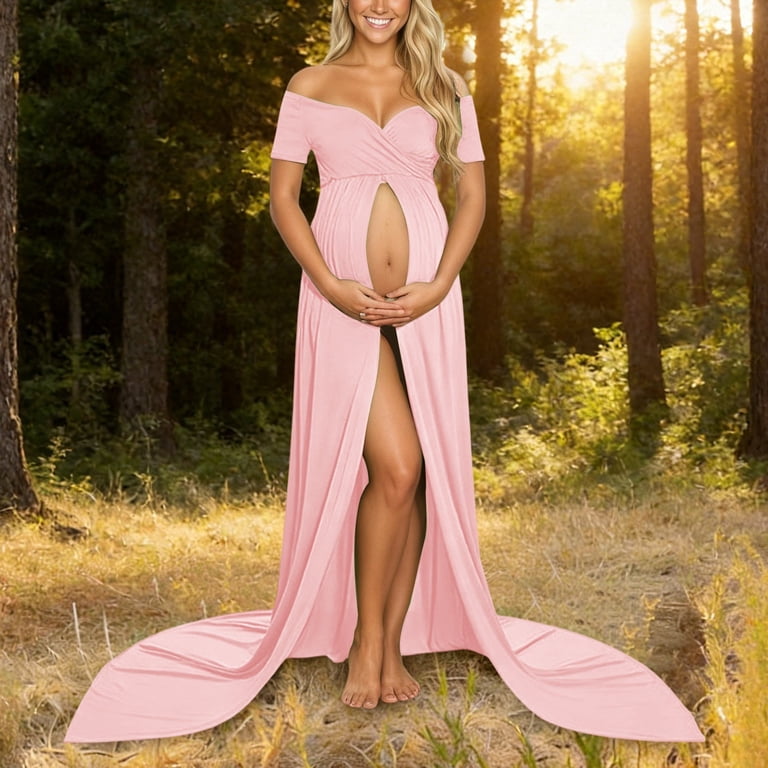 Y-Sunset Women's V Neck Lace Maternity Maxi Dress - Short Sleeve Pregnancy  Gown Flowy Formal for Photoshoot Wedding Guest(Light Pink/L) - Walmart.com