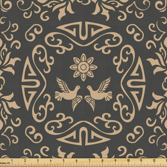 Ambesonne Classical Fabric by the Yard Upholstery, Floral Pigeon Motifs Art, 3 Yards, Dark Sepia Tan