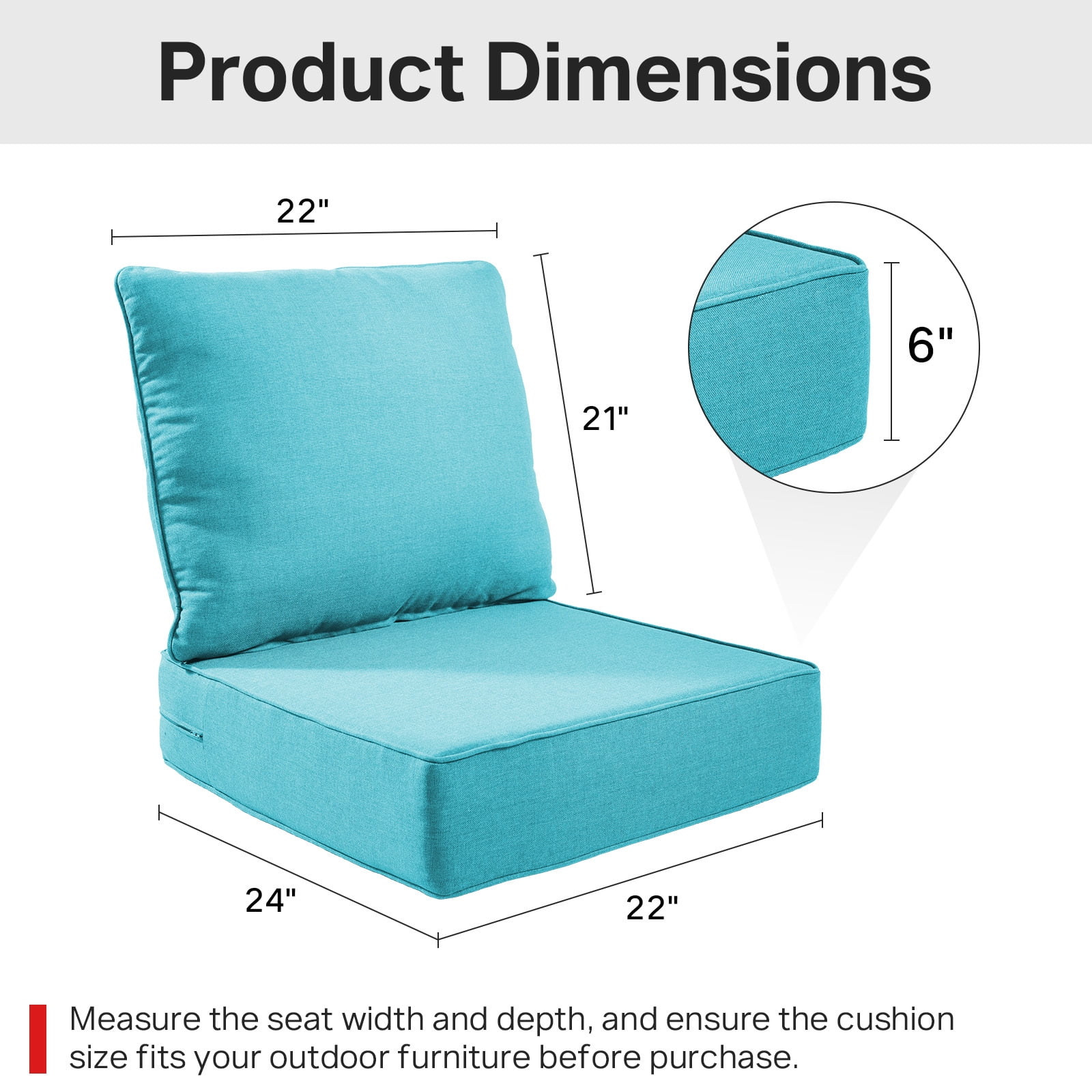 Opohoro Outdoor Deep Seat Cushion Set, 24"x22"x6", Water Resistant & UV Resistant Comfortable Furniture Cushions for Patio Chair, Sofa, Loveseat