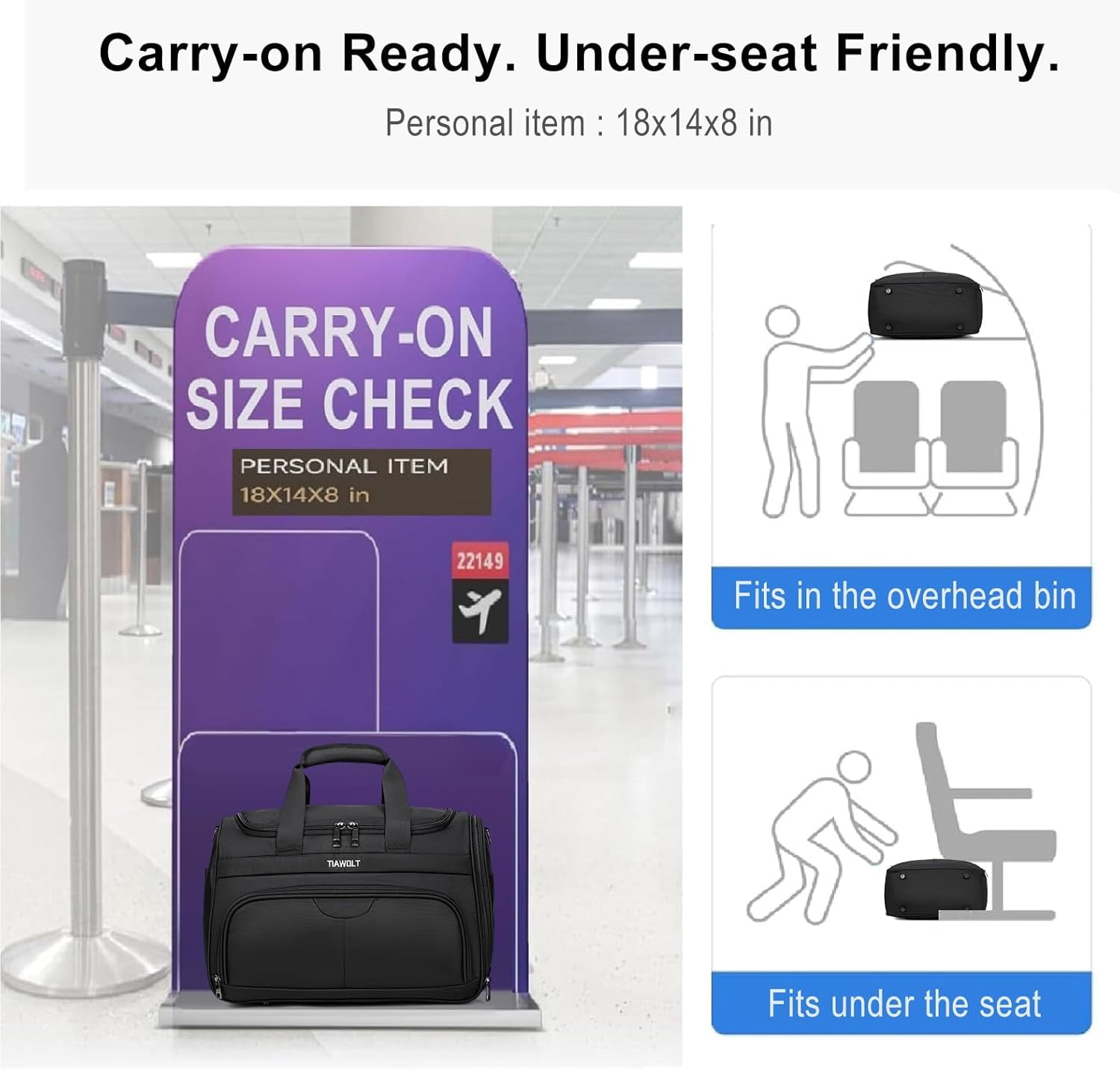 TIAWOLT Underseat Carry On Luggage Lightweight Travel Tote Weekender Bag Overnight Duffle for Trip, Travel Essentials Personal Item Travel Bag for Women and Men,Black