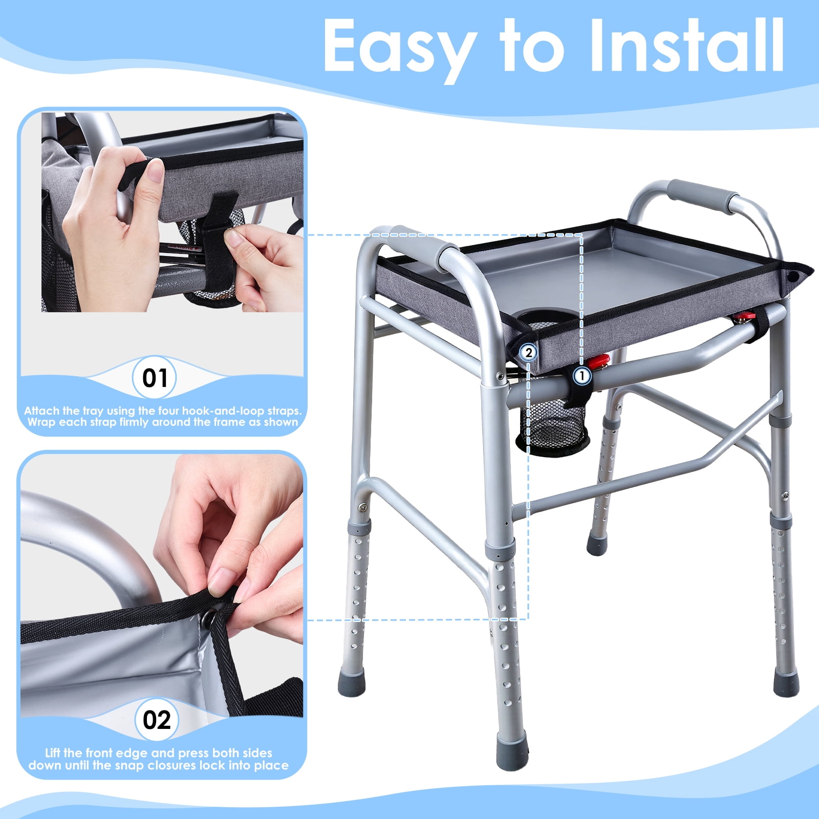 Walker Tray for Folding Walker - Trays for Walkers for Seniors with Cup Holders & Non-Slip & Multiple Front Pockets, Walkers Accessories Basket and Bag Tray for Elderly, Easy Assembly
