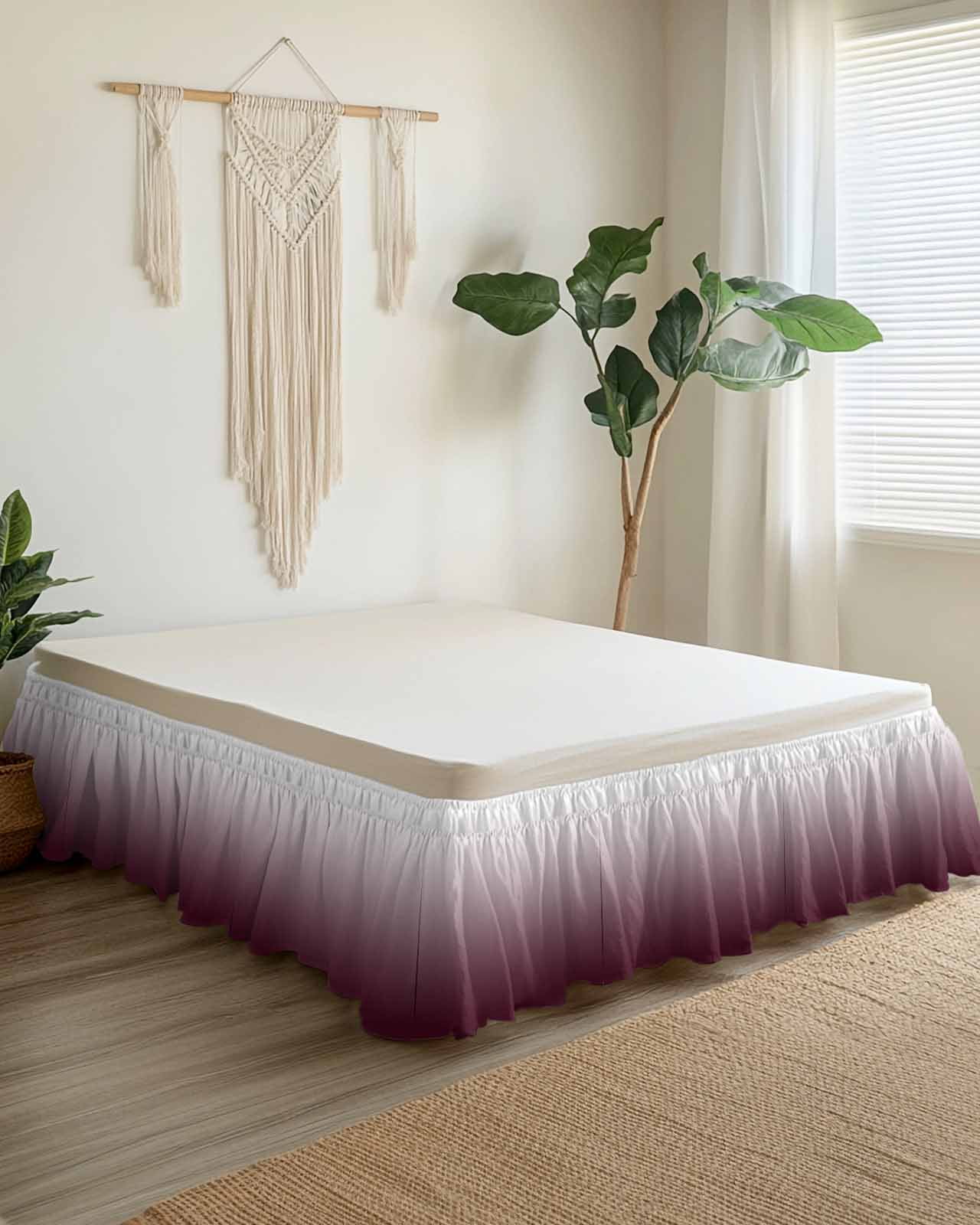Romantic Burgundy Bed Skirt King Size 18" Drop Gradient Ruffled Wrap Around Bed Skirts Adjustable Elastic Bedskirt Dust Ruffle for King Size Bed