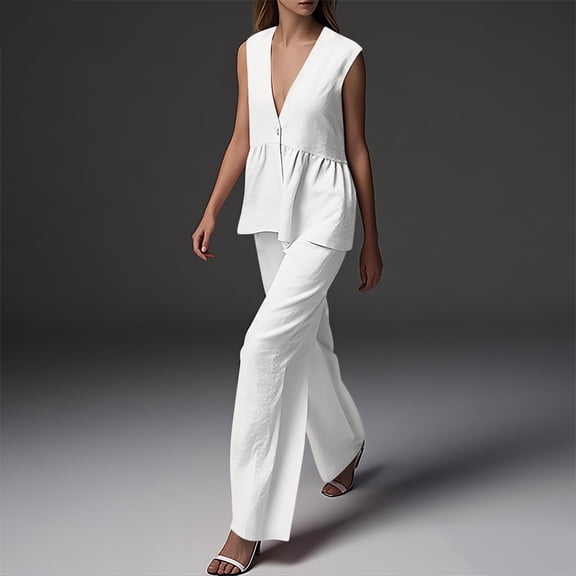 BinBiL 2PC Fashion Woman Round Neck Sleeveless Blouse  Loose Pockets Pants Sets White XL(XL)