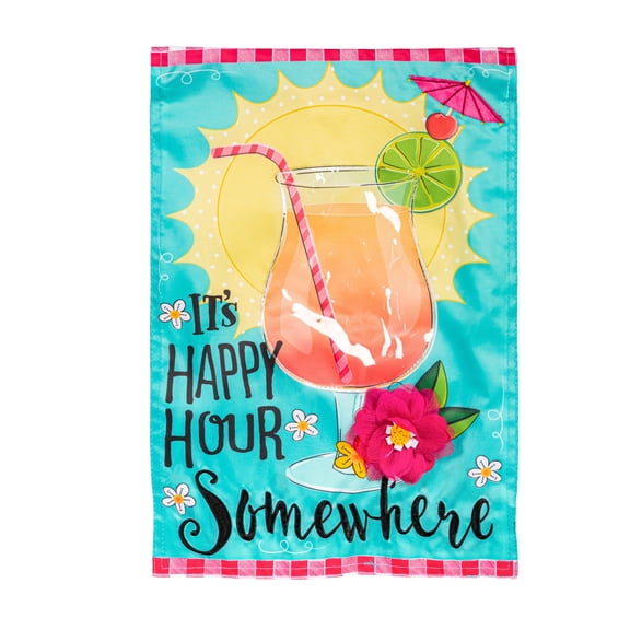 Evergreen Applique Garden Flag - It's Happy Hour Somewhere, 12.5 x 18 inch Double Sided