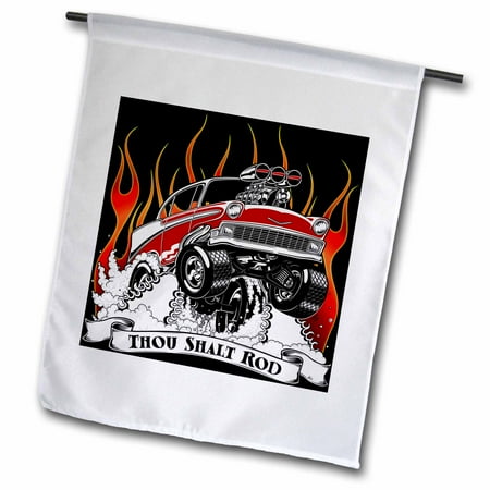 Speed Racer Flag - 3dRose Thou shalt rod, classic racer, bursting through fire and smoke - Garden Flag, 12 by 18-inch