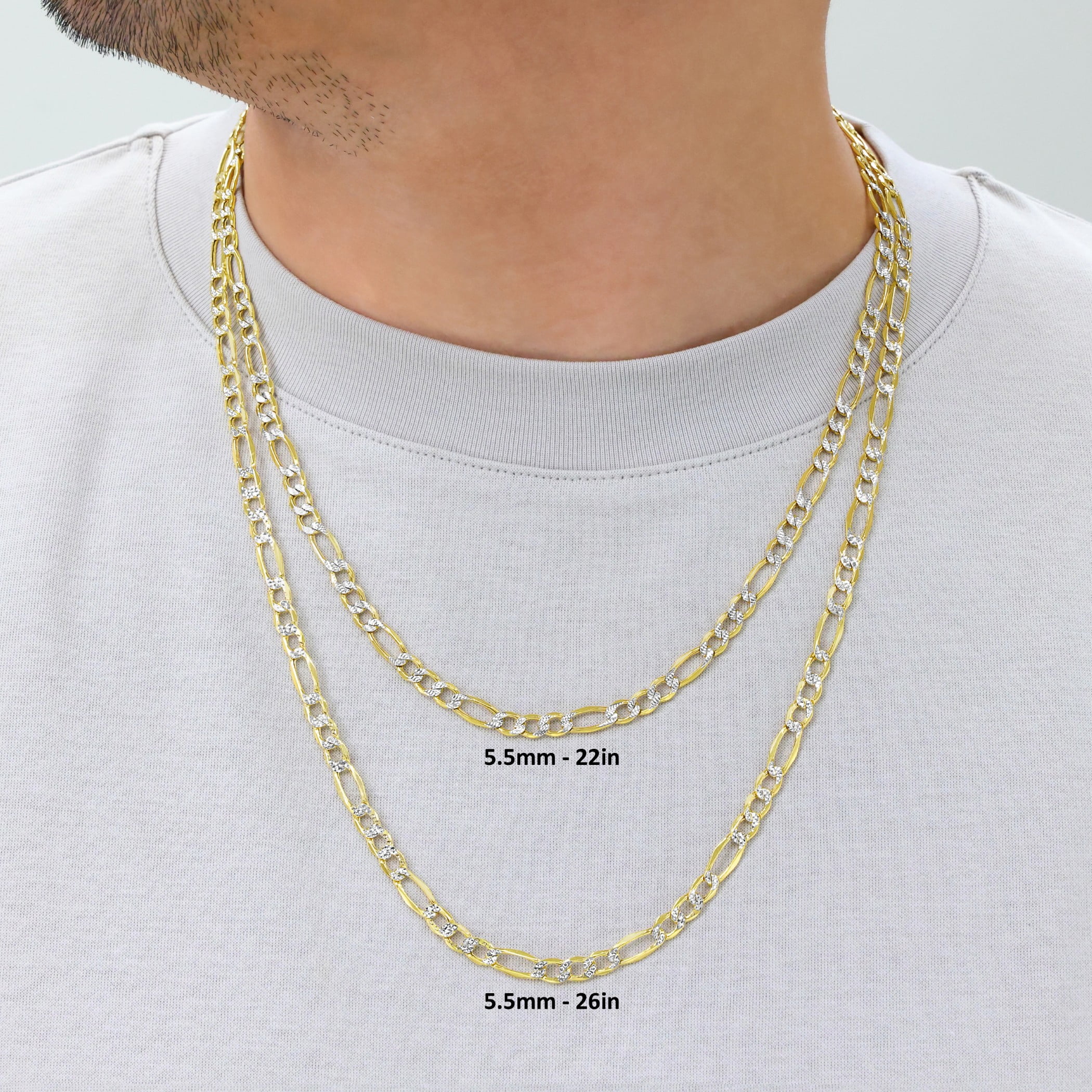 Nuragold 14k Real Yellow Gold Figaro Link 5.5mm Diamond Cut Two Tone Pave Chain Necklace (16"-30") Italian Jewelry for Men & Women
