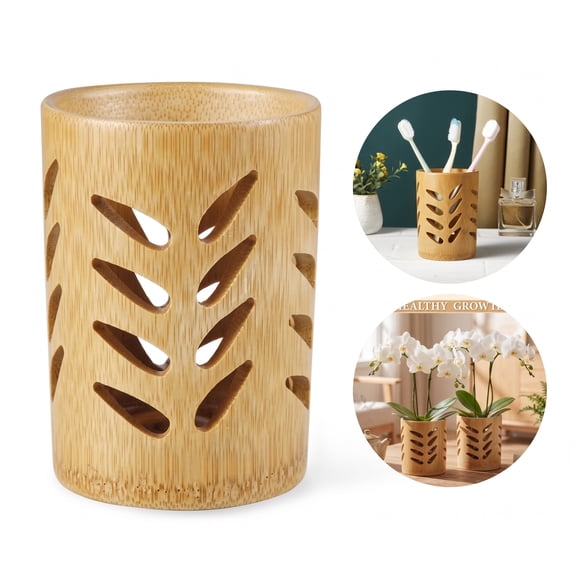 Bamboo Toothbrush Holder with Drainage Holes, Carbonized Bathroom Organizer Cup for Electric Toothbrush, Toothpaste & Makeup Brushes