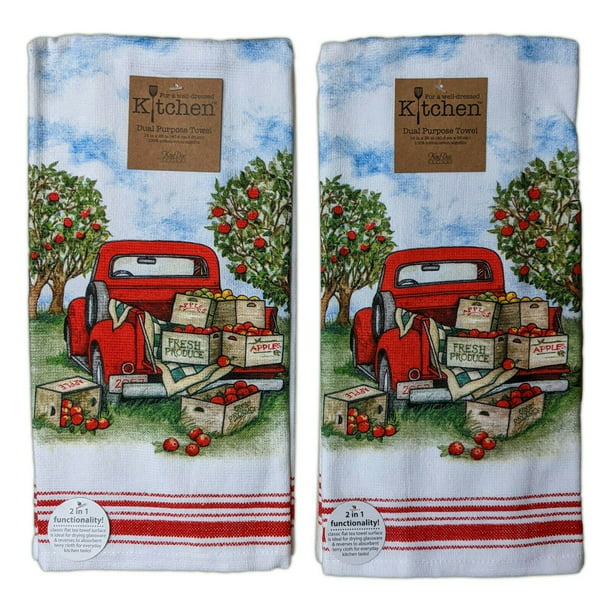 Set of 2 APPLE PICKING Vintage Red Truck Terry Kitchen Towels by Kay