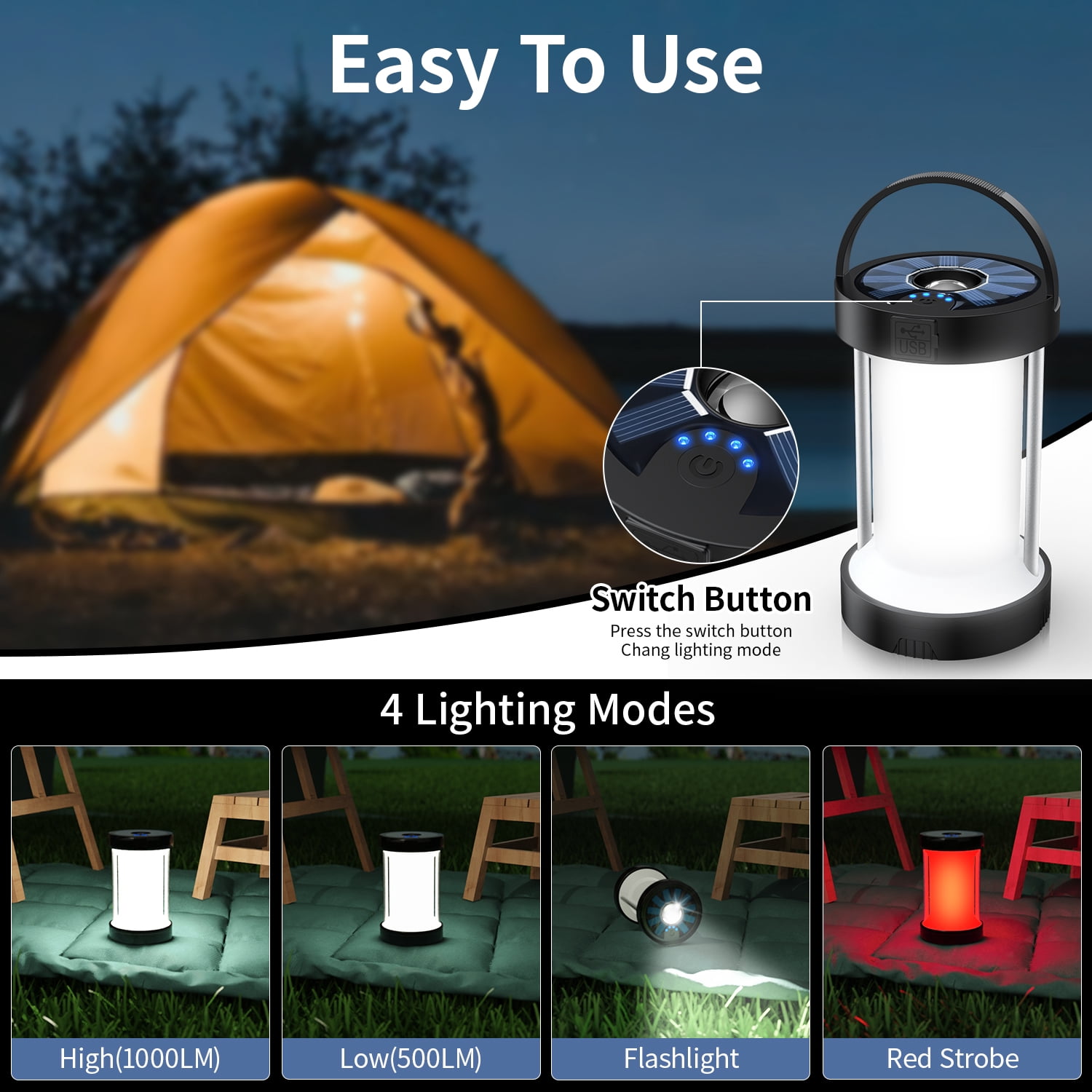 Ikristin Solar Camping Lantern, IPX5 Waterproof, Rechargeable Camping Lantern with Hand-Cranked, Camping Essentials for/Tent/Hiking 1PC
