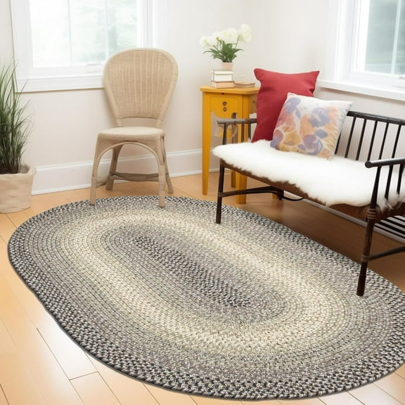CSPP Braided Rugs 3X5 Farmhouse Kitchen Rug - Ridgewood Gray Braided Rug for Living Room - Reversible - Indoor/Outdoor - Made in USA - Graphite/Beige, 3' X 5' Oval