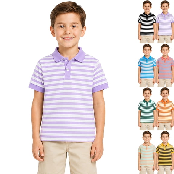 Boys Polo Shirt Striped Collar Breathable Short Sleeve Sport School Top | Moisture Wicking, Quick Dry, Stretch, Golf, Soccer Purple,5-6 Years