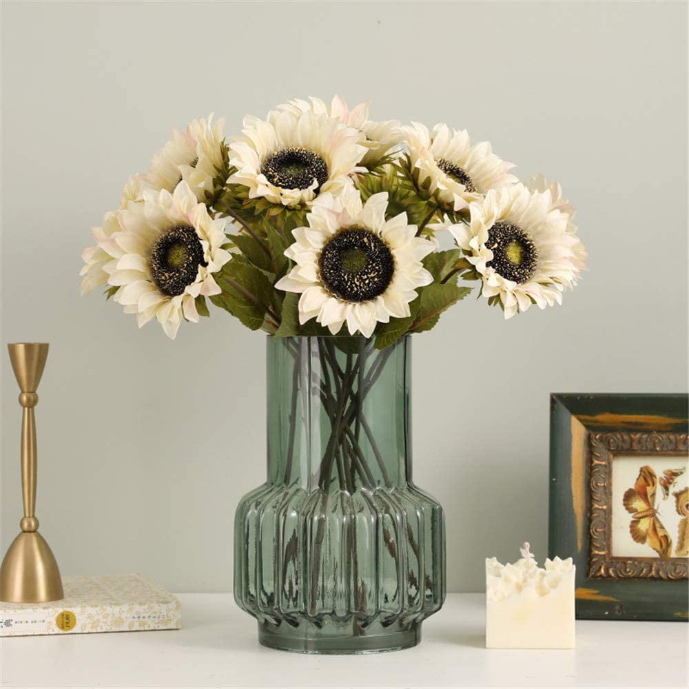 White Sunflowers Artificial Flowers 7 Faux Silk Sunflowers Bouquet Fake Real Touch Long Stems Floral for Wedding Party Centerpieces Home Decoration(Autumn White)